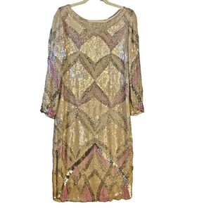 Vintage Judith Ann Creations Silk Dress M White Pink Silver Sequin Beaded Gatsby